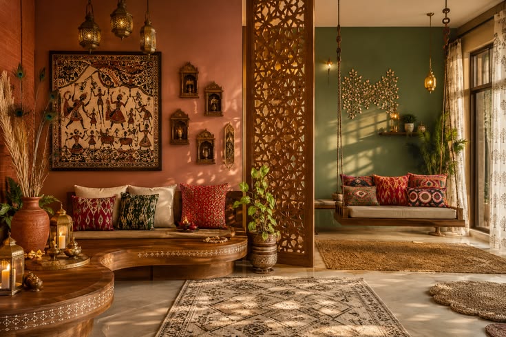 Living room with ethnic swing seat
